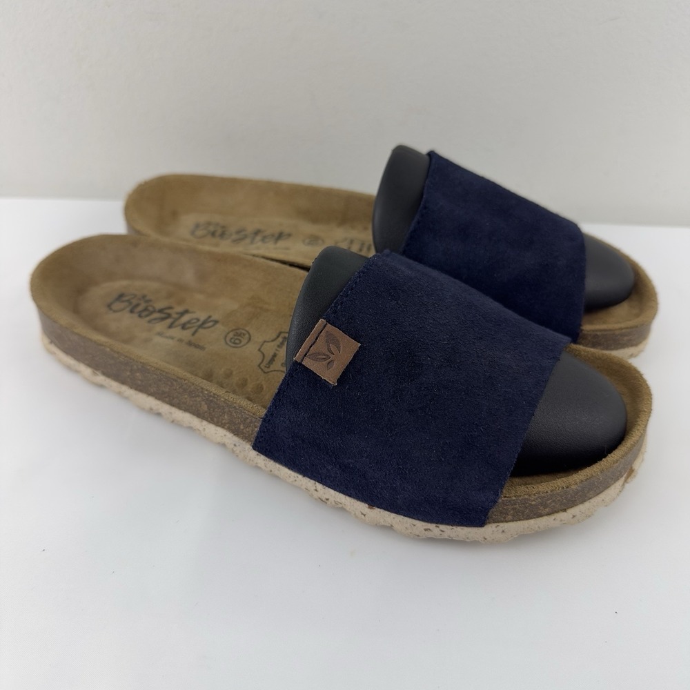 BioStep Women's‎ Leather Slide Sandals Blue Suede Made in Spain Size 6.5